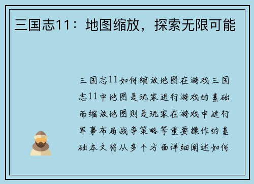 三国志11：地图缩放，探索无限可能